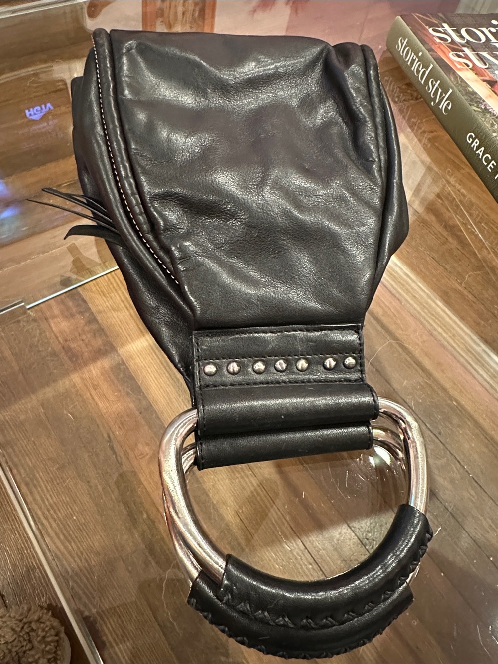 Kenneth Cole Black Leather Wristlet Clutch with Silver Ring Handle